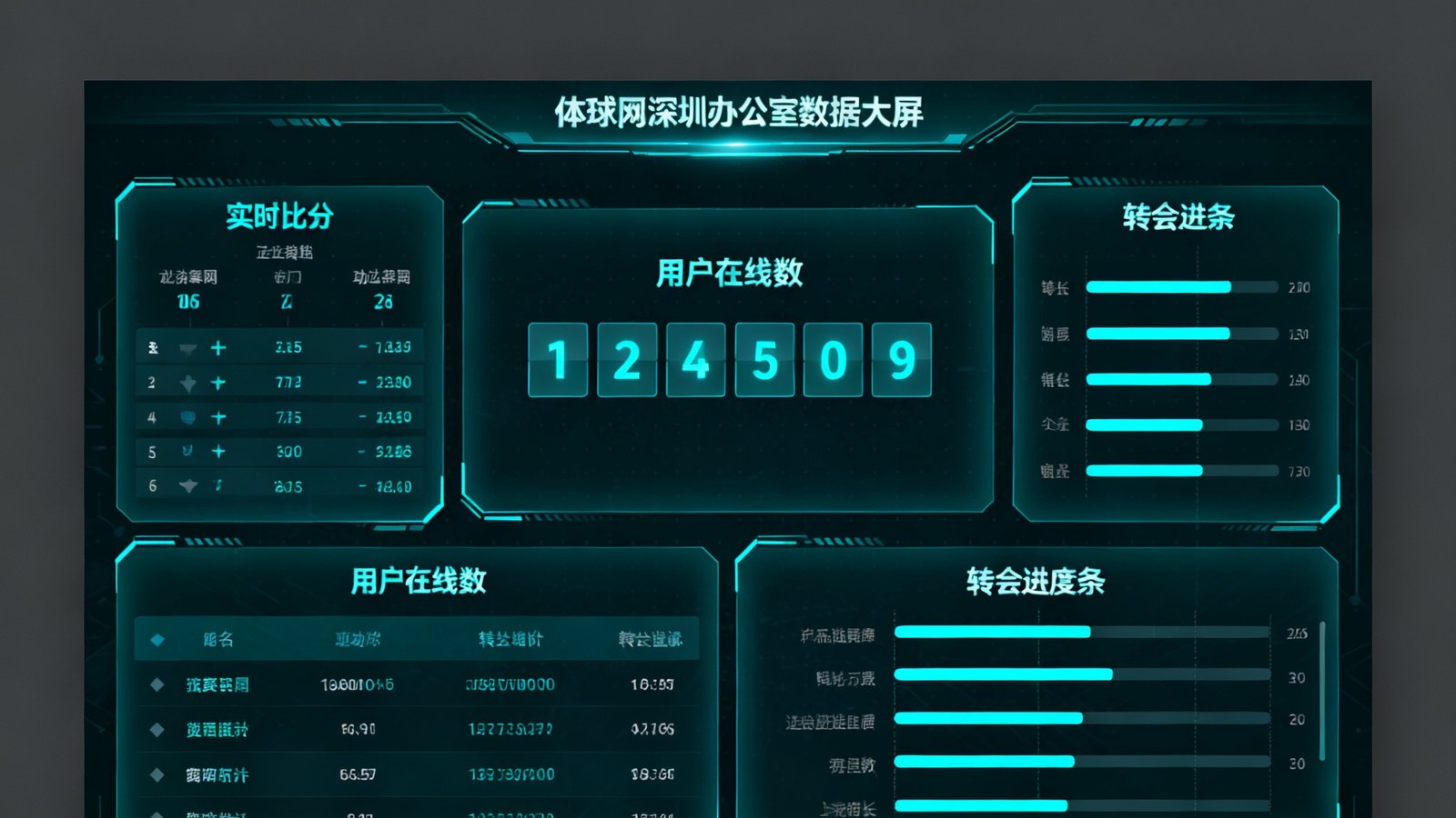 体球网深圳办公室数据监控大屏，显示实时比分、用户在线数、转会进度条