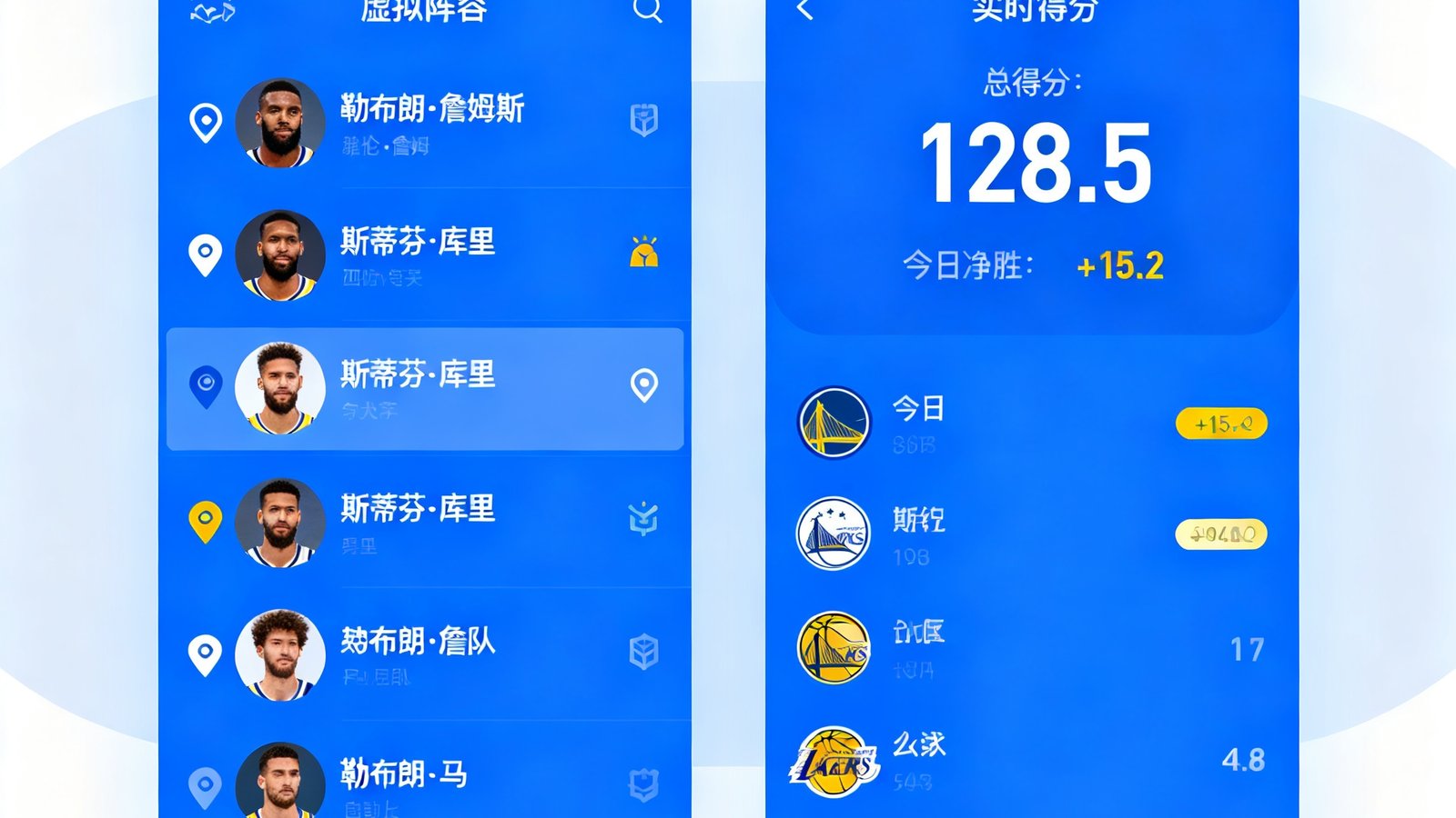 范特西体育游戏界面，用户虚拟阵容及得分